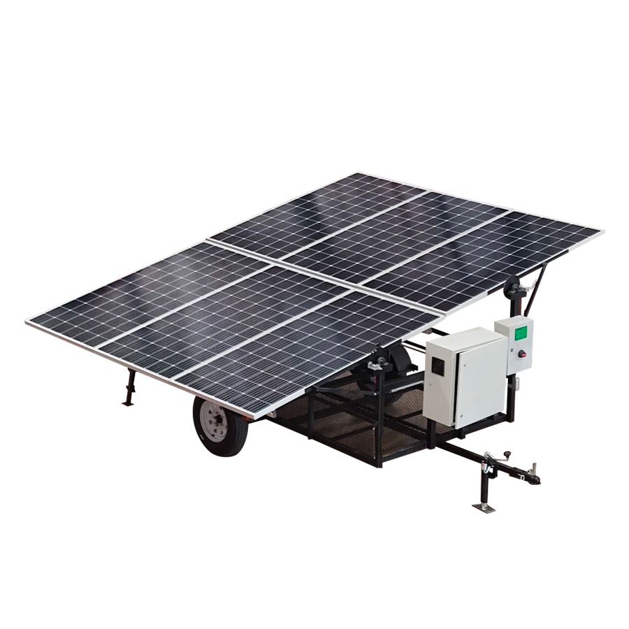 Motobomba 3 pulg eléctrica 2 HP montada en un remolque con paneles solares