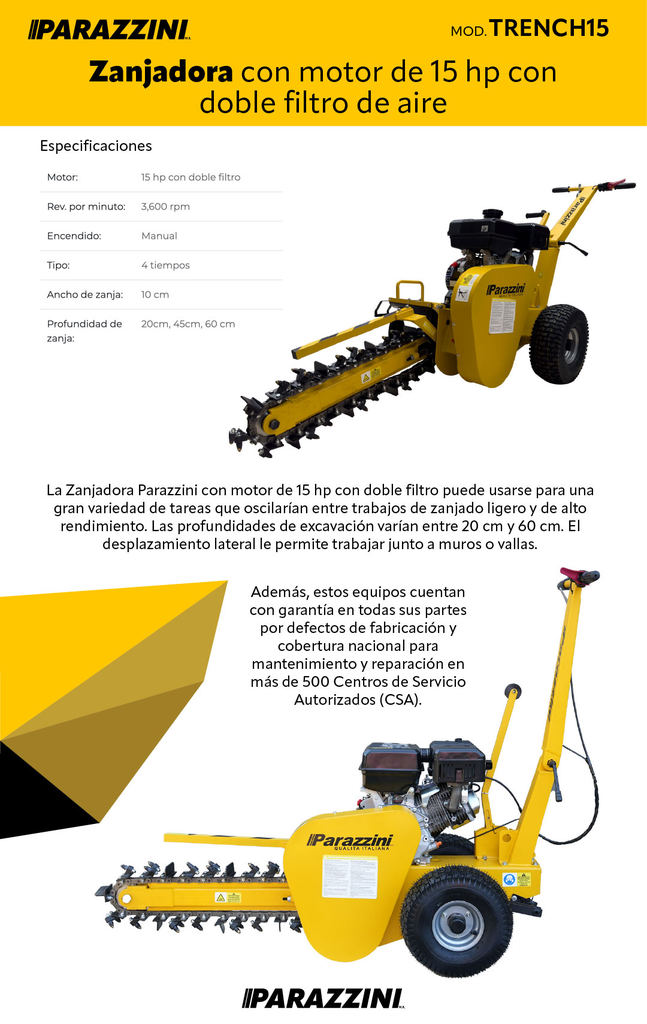 Zanjadora con motor de 15 hp con doble filtro de aire