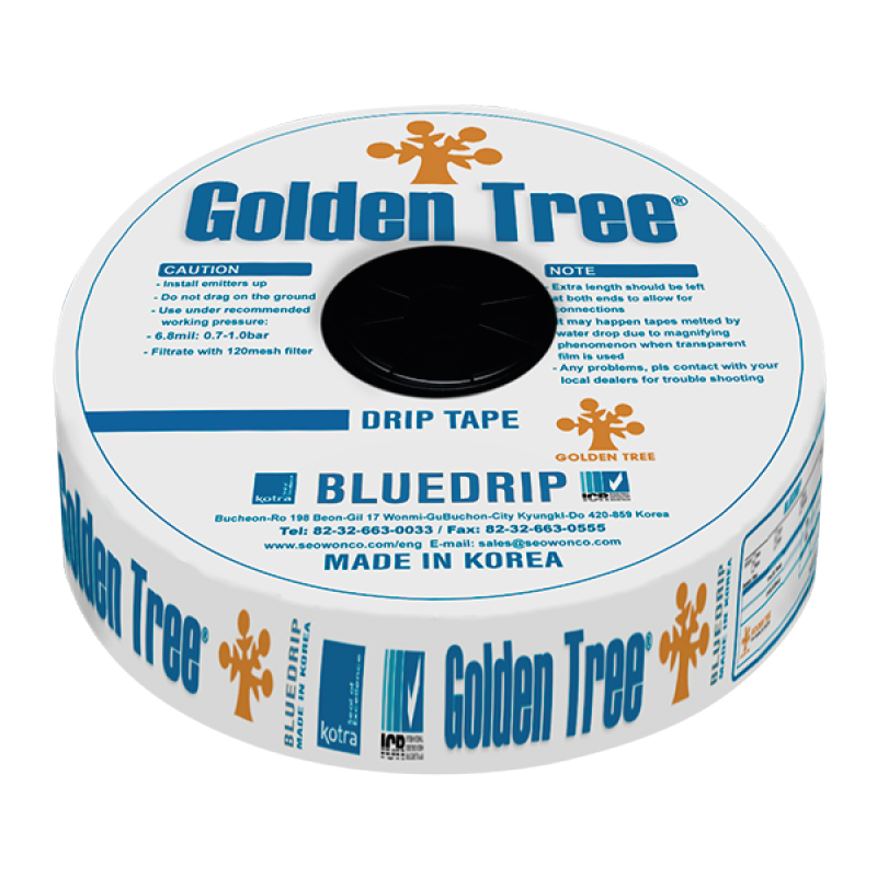 Cintilla Bluedrip drip tape diametro 5/8 calibre 6 ml espesor .15 mm / esp salidas 30 cm pres de trabajo 1.0 bar / flujo. 1.00 lts/hrs medida de rollo 3050 mts