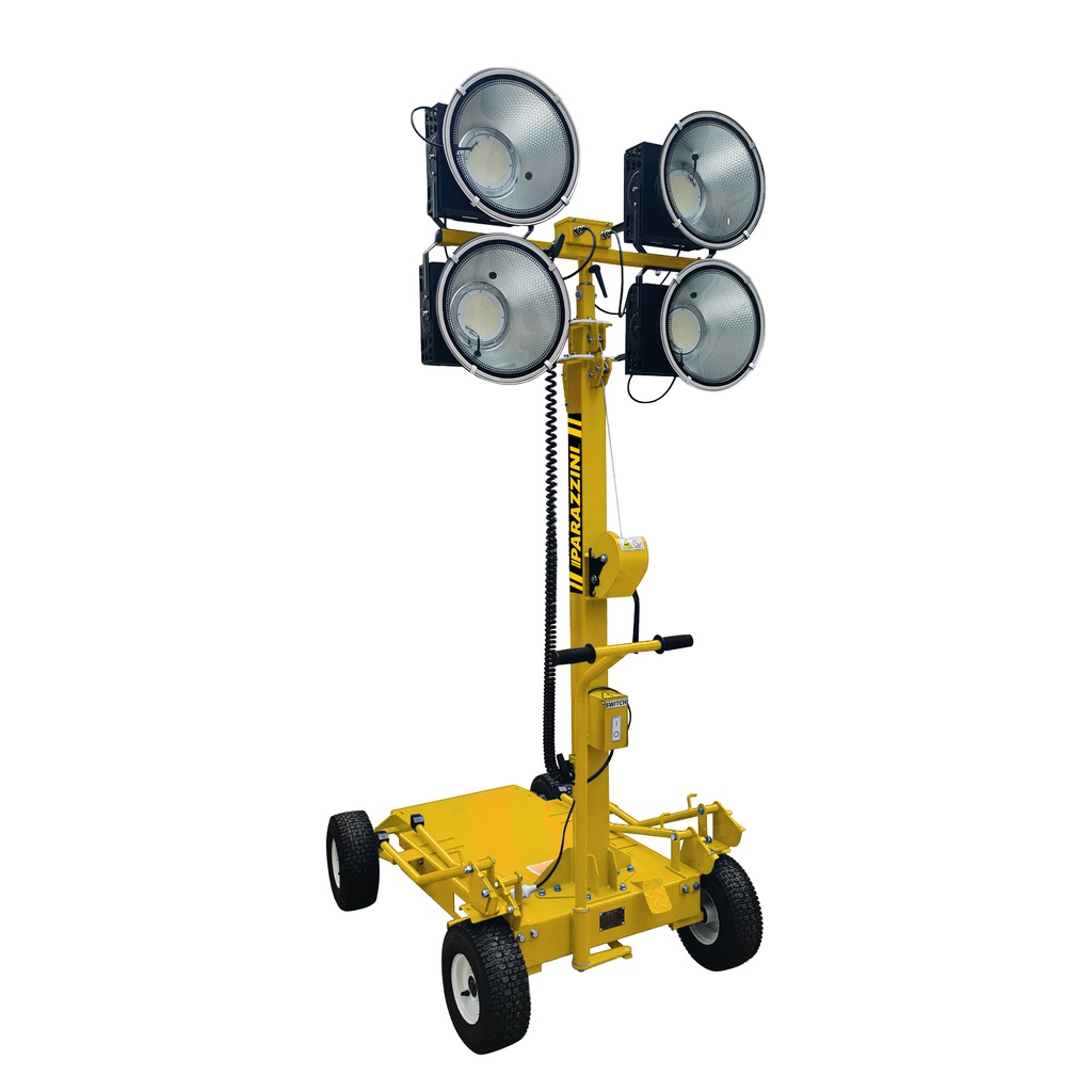 Torre de iluminación portátil con mástil telescópico de 4.5 metros en 3 secciones.  Foco Led 400W