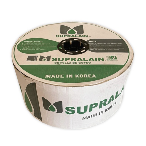 [SL015-080-10-3050] Cintilla Supralain drip tape diametro 5/8 calibre 6 mil espesor .15 mm / esp salidas 10 cm pres de trabajo 0.8 bar / flujo. 0.80 lts/hrs medida de rollo 3050 mts uso exclusivo agricola